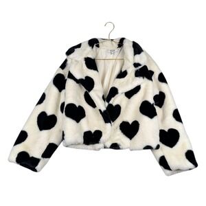 Stoosh By 26 International Faux Fur Heart Print Cropped Jacket Womens Size L 11L